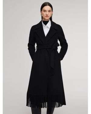 GOELIA Cashmere Wool Blend Fringe Hem Wrap Overcoat - Black