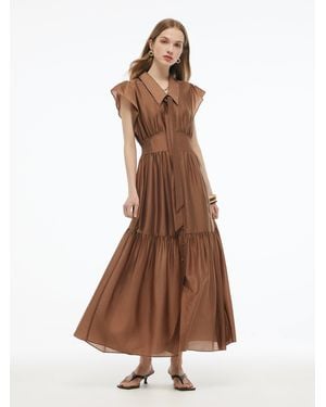 GOELIA Tencel Blend Ruffle Cap Sleeve Maxi Dress With Sash - Brown