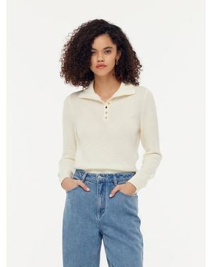 GOELIA 100% Wool Half Button Turtleneck Sweater - White