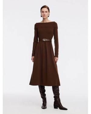 GOELIA Tencel Wool Blend Boat Neck Knit Maxi Dress With Leather Belt - Brown