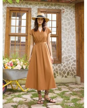 GOELIA V-Neck Gathered Waist Maxi Dress - Metallic