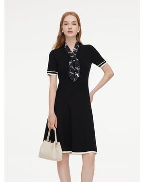 GOELIA Lyocell Blend Knit Midi Dress With Detachable Silky Scarf - Black