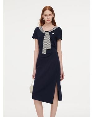 GOELIA Stripe Scarf Neck Slit Knit Midi Dress - Blue