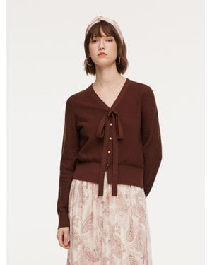 GOELIA Tencel Wool Blend V-Neck Cardigan With Detachable Ribbon - Brown