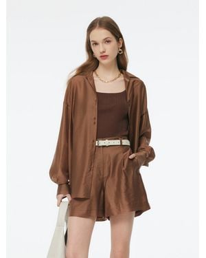 GOELIA Tencel Blend Shirt And Knit Camisole Two-Piece Set - Brown