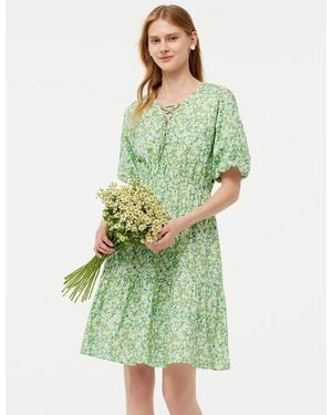 GOELIA Cotton Floral Print Drawstring Front Mini Dress With Hairband - Green