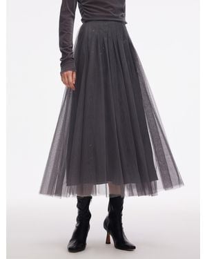 GOELIA Mesh Elastic Waist Sequins Pleated Skirt - Gray