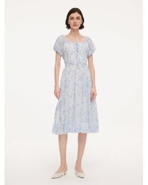 GOELIA 10Mm Mulberry Silk Floral Print Bubble Hem Midi Dress With Scrunchie - White