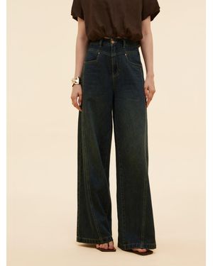 GOELIA Denim Adjustable Waist Straight Wide Leg Jeans - Black