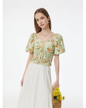 GOELIA Cotton Floral Print Smocked Top - White