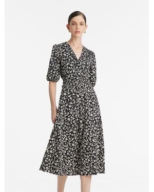 GOELIA Iris Print V-Neck Tied Midi Dress - White