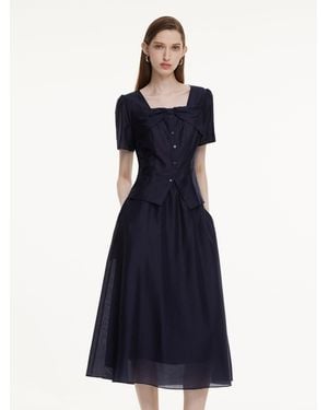 GOELIA Tencel Blend Bowknot Blouse And Skirt Two-Piece Set - Blue