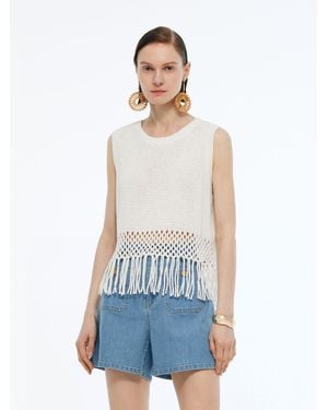 GOELIA Sequins Tassel Hem Openwork Knit Tank Top - White