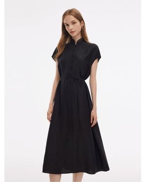 GOELIA 18Mm Xiang Yun Silk A-Line Self-Tie Belt Midi Dress - Black