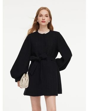 GOELIA Tweed Balloon Sleeves A-Line Wrap Coat - Blue