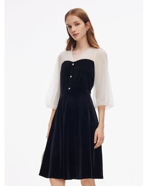 GOELIA Sequined Mesh Patchwork Velvet Midi Dress - Blue