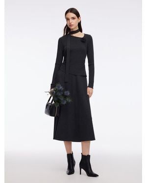 GOELIA Asymmetrical Hem Knit Scarf Top And A-Line Skirt Two-Piece Set With Detachable Flower - Blue