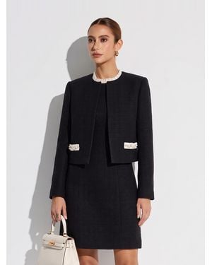 GOELIA Pre-Order Cotton Blend Cropped Jacket And Ruffle Sleeveless Mini Dress Two-Piece Set - Blue