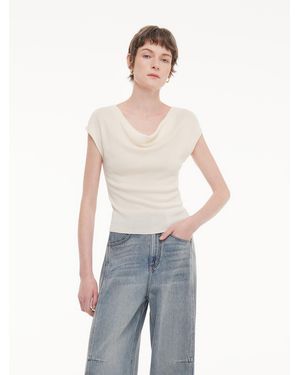 GOELIA Tencel Mulberry Silk Cowl Neck Cap Sleeve Knit Top - White