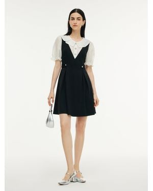 GOELIA Faux Two-Piece A-Line Puff Sleeve Knit Mini Dress - Black