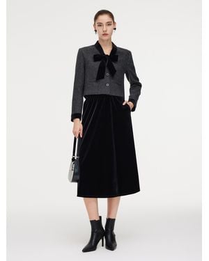 GOELIA 100% Washable Wool Jacket And Velvet Skirt Two-Piece Set With Ribbon - Blue