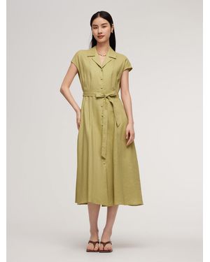 GOELIA 100% Linen Gathered Waist Self-Tie Belt Maxi Dress - Green