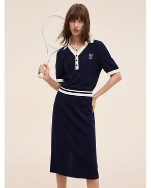 GOELIA Tencel Blend Contrast Trim Knit Top And Skirt Two-Piece Set - Blue