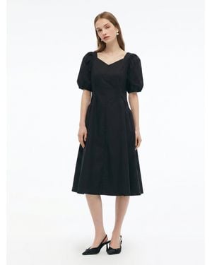 GOELIA Cotton Blend Square Neck Puff Sleeve Midi Dress - Black