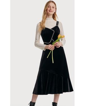 GOELIA Spaghetti Velvet Dress And Lace Top Two-Piece Set - White