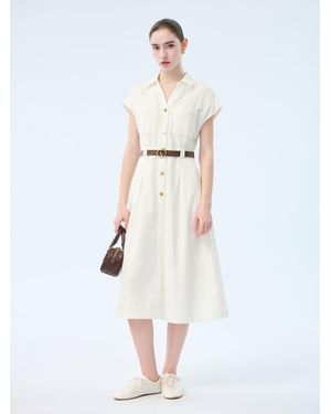 GOELIA Lyocell Cotton Blend Denim V-Neck Maxi Shirt Dress With Belt - White