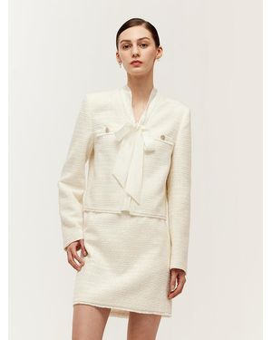 GOELIA Tweed Bow Tie Neck Jacket And Mini Skirt Two-Piece Set - Natural