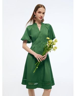 GOELIA Gathered Waist Puff Sleeve Midi Dress - Green