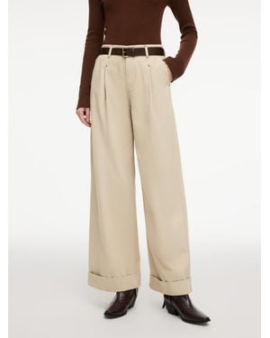 GOELIA Cotton Denim Cuffed Wide Leg Jeans With Belt - Natural