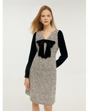 GOELIA Wool Blend Patchwork Velvet Mini Dress With Detachable Bowknot - Gray