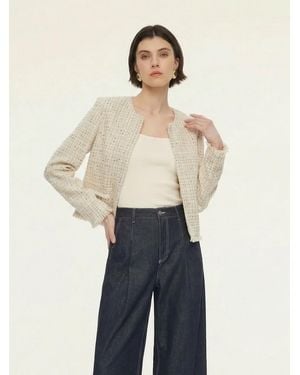 GOELIA Wool Blend Tweed Frayed Hem Jacket - Blue