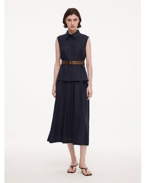 GOELIA 100% Linen Sleeveless Blouse And Skirt Two-Piece Set With Braided Belt - Blue