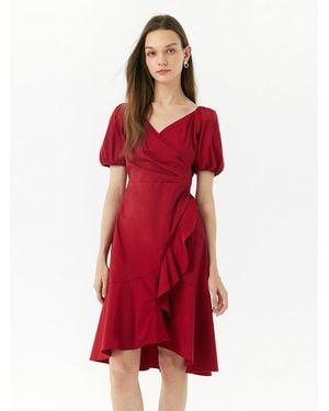 GOELIA V-Neck Ruffle Cotton Midi Dress - Red