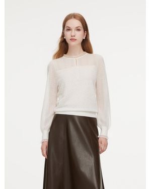 GOELIA Jacquard Ruffle Neck Knit Top - Natural