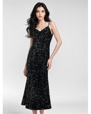 GOELIA Velvet Sequins Strap Midi Dress - White