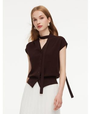 GOELIA Lyocell Blend V-Neck Cardigan With Ribbon - Brown