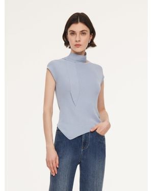 GOELIA Tencel Blend Asymmetrical Hem Knit Top With Ribbon - Blue