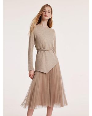 GOELIA Asymmetrical Hem Top And Tulle Skirt With Belt Two-Piece Set - Natural
