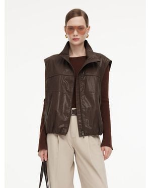 GOELIA 100% Cotton Stand Collar Zip-Up Vest - Brown