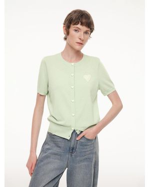 GOELIA Lyocell Blend Sequined Heart Short Sleeve Cardigan - Green
