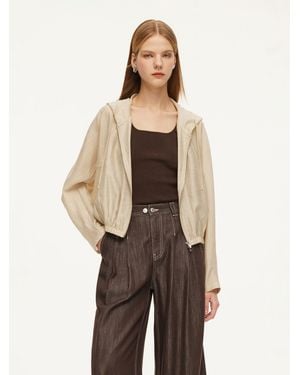 GOELIA Tencel Acetate Linen Blend Zip-Up Hooded Cropped Jacket - Natural