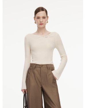 GOELIA Wool Blend Boat Neck Knit Top With Go Letter Clip - Natural