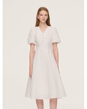 GOELIA Jacquard Puff Sleeve Midi Dress - Natural