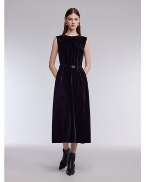 GOELIA Mulberry Silk Blend Velvet Sleeveless Maxi Dress With Belt - Blue