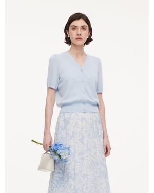 GOELIA Tencel Wool Blend Rhinestone V-Neck Cardigan - White