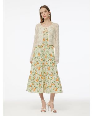 GOELIA Cotton Floral Print Strap Maxi Dress And Openwork Cardigan Two-Piece Set - White